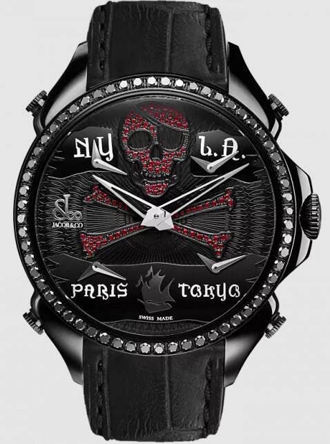 Jacob & Co. PALATIAL FIVE TIME ZONE PIRATE BLACK PVD RUBY SET DIAL & BLACK DIAMOND SET BEZEL Watch Replica PZ500.11.SO.NU.A Jacob and Co Watch Price